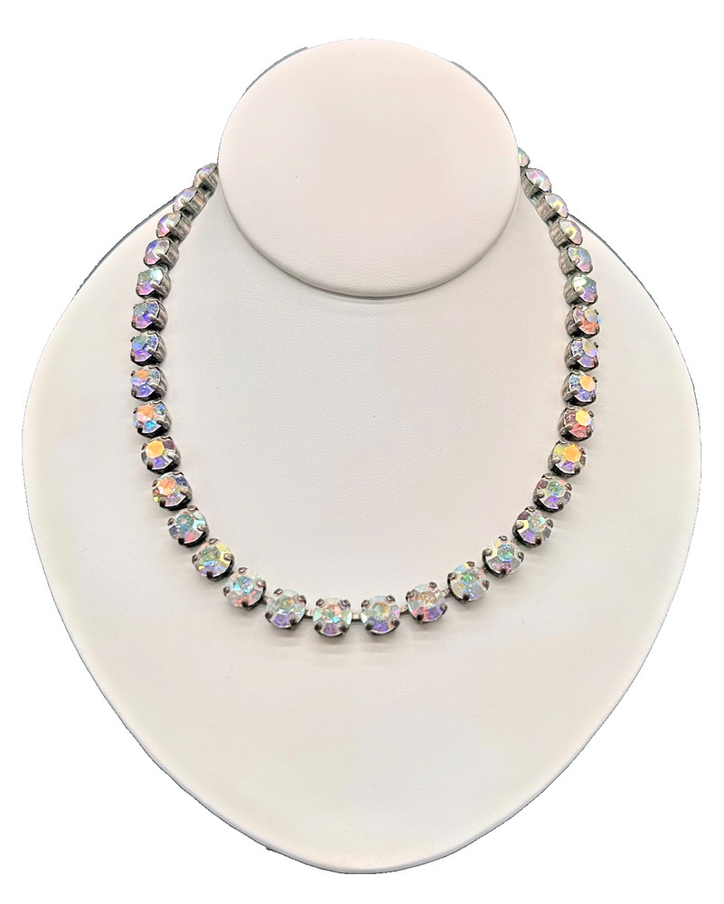 Silver Tone Aurora Borealis AB Rhinestone Statement Necklace Choker Collar 18”