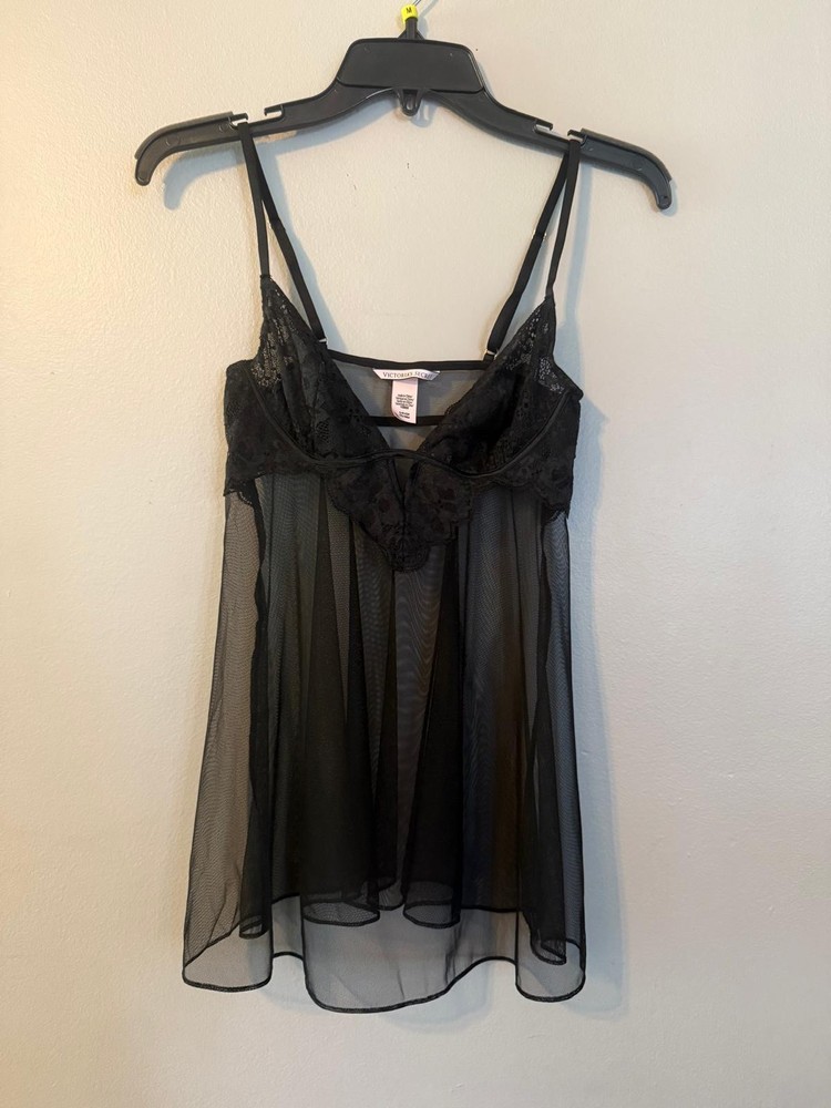 Victoria's Secret Womens Babydoll Top Siz Small Black Lace Sheer Sexi Lingerie