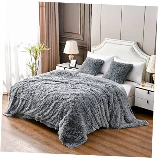 Grey Queen Faux Fur Blanket,2 Layers,Queen90
