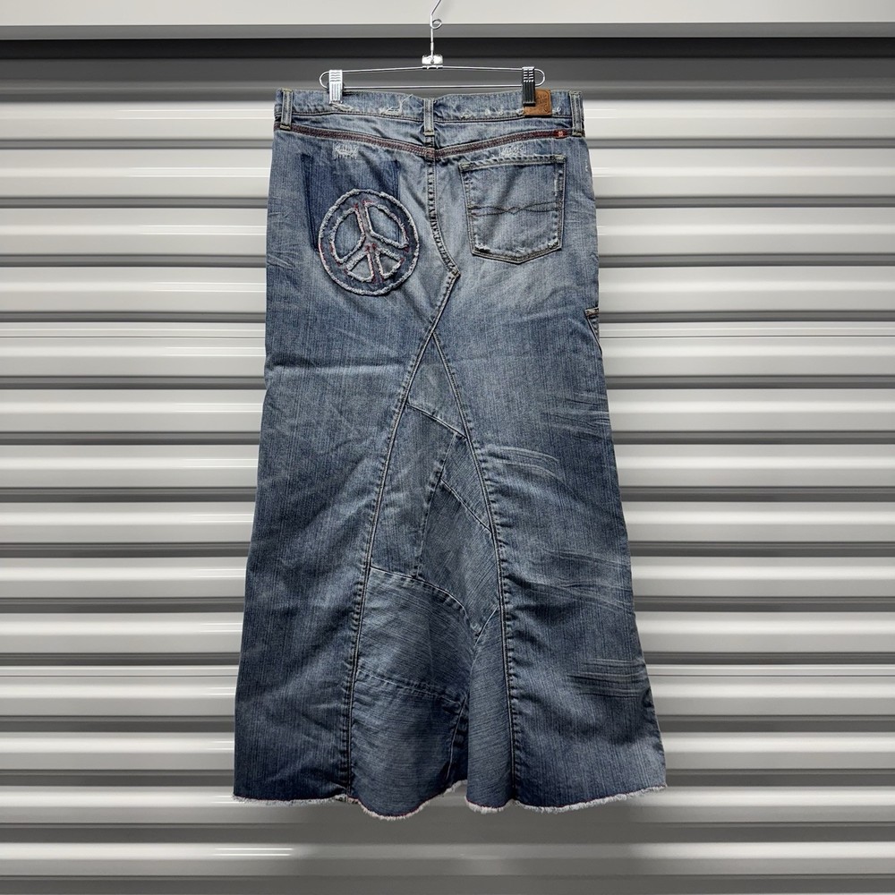 vintage 00's y2k lucky brand peace sign patch work maxi denim skirt