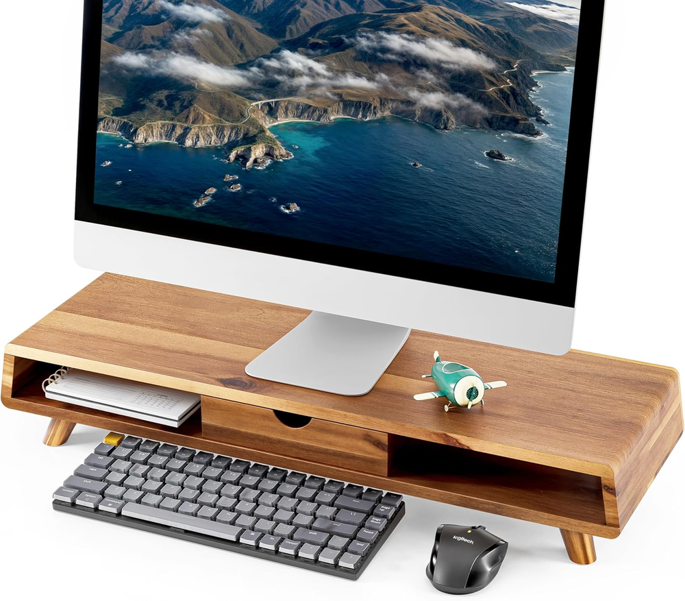 Acacia Wood Monitor Stand with Drawer - Wooden Monitor Riser for Desk - Computer-image