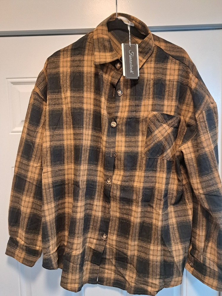 Fantaslook Classic Women’s Plaid Button-Up Shirt Flannel Shacket Brown/Tan 2XL