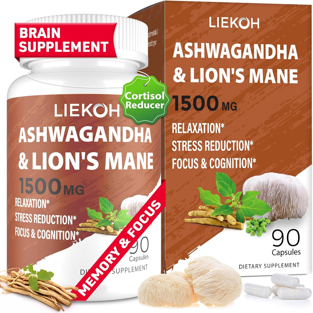 Ashwagandha & Lions Mane Supplement Capsules, Brain Supplements for Memory and F