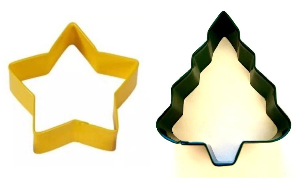 2 Wilton Christmas Cookie Cutters metal star and tree standard size yellow green