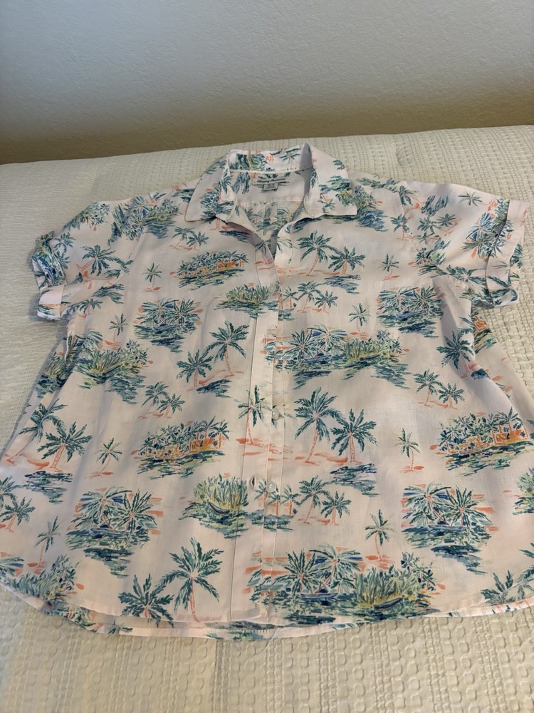 Tommy Bahama Womens Medium White Tropical Palm Tree 100% Linen Button Up Shirt