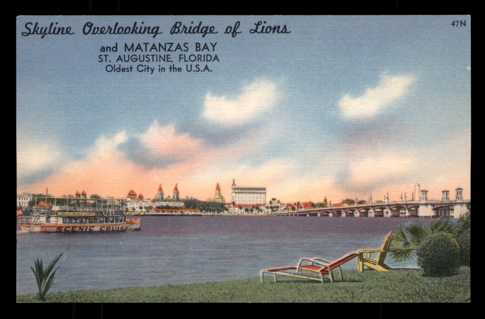 Skyline Overlooking Bridge Of Lions Matanzas Bay St Augustine FL Linen Postcard