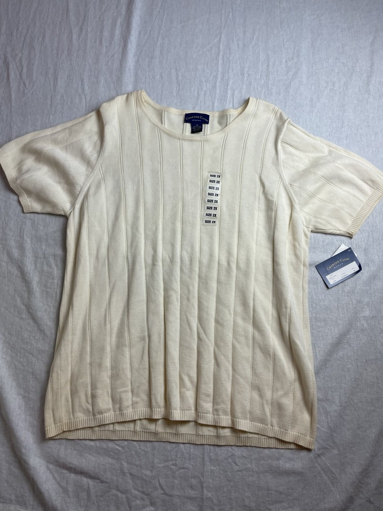 Vintage 90s Charter Club Beige Womens 2X Plus Cotton Ribbed Knit Coastal Top NWT