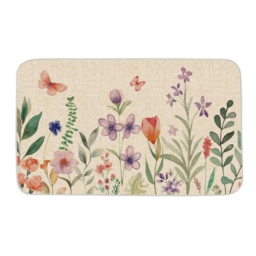 Spring Floral Door Mat Summer Flowers Decorative Doormat Farmhouse Low-Profile