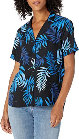 28 Palms Womens Loose-Fit 100% Silk Tropical Vacation Shirt Black/Blue Midnight