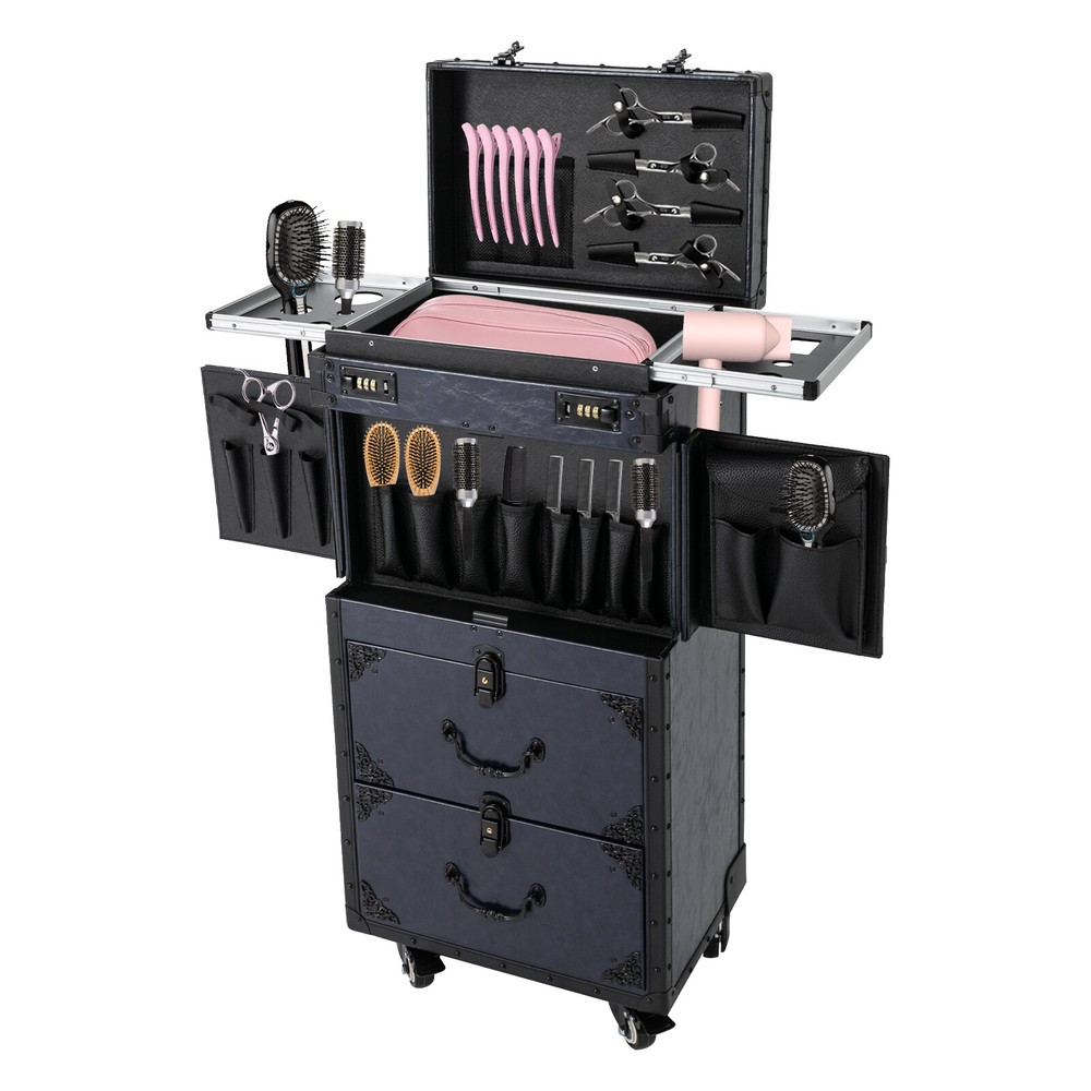 Black Aluminum 4-Wheel Rolling Makeup Case Salon Cosmetic Organizer Luggage
