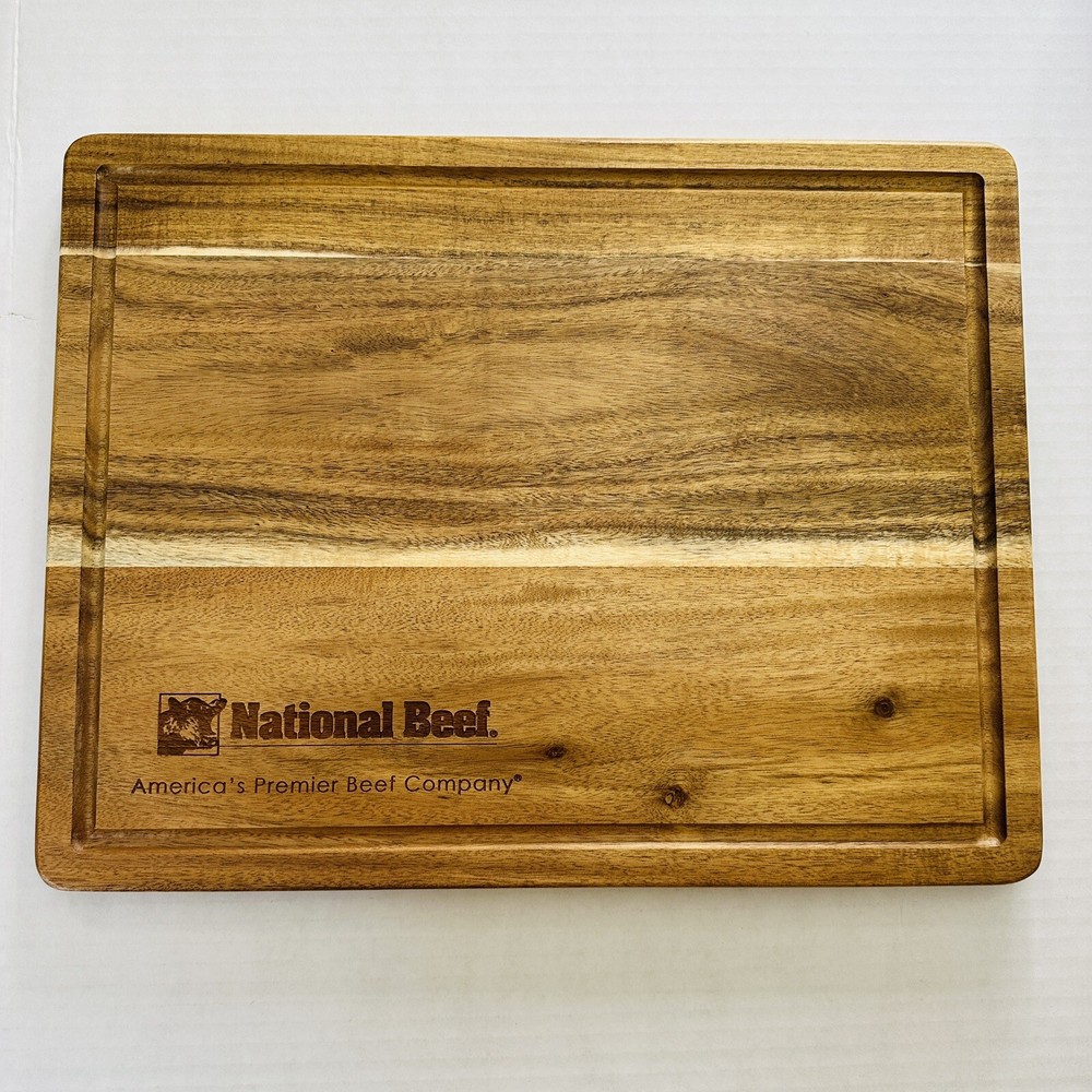Acacia Wood Cutting Board w/ Juice Groove National Beef Engraved ~ 16x12” NEW!-image