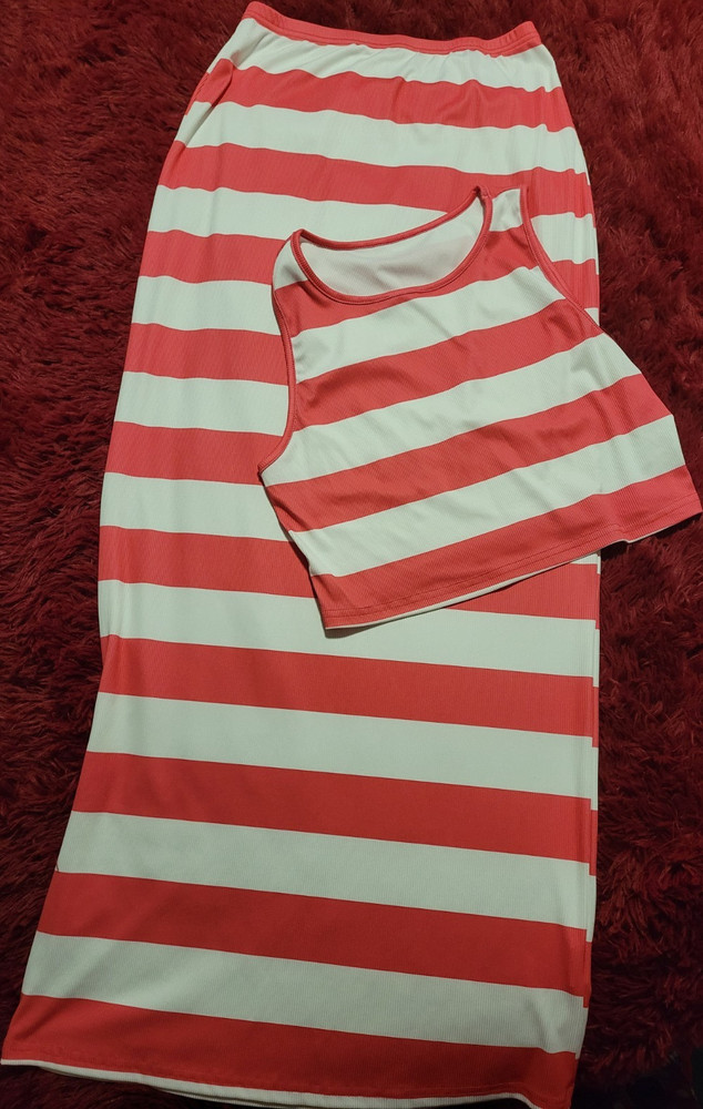 Red White Striped 2 Piece Outfit Set, Sleeveless Tank, Skirt, Knit, Size L