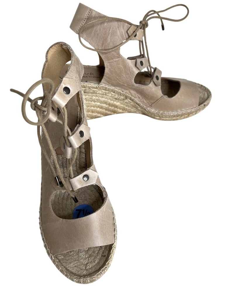 Carmen Saiz Womens Tan Leather Lace-Up Wedge Espadrille Sandals Size 7.5