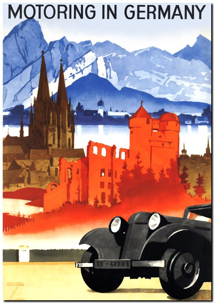 Cool Retro Travel Poster *FRAMED* CANVAS ART Germany Motoring 24x16
