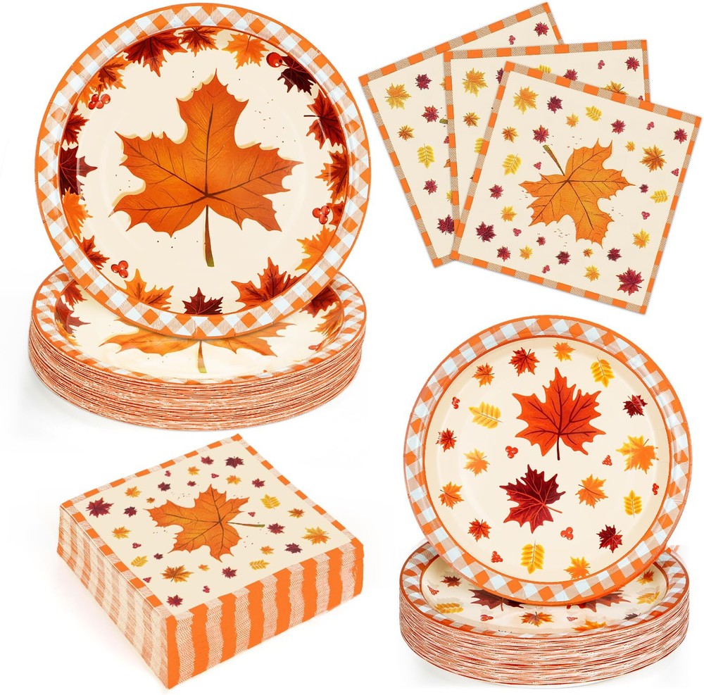 200pcs Thanksgiving Paper Plates & Napkins Set with Fall Maple Leaf Design for Autumn Parties  