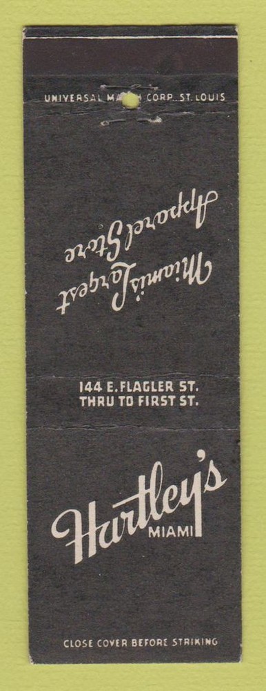 Matchbook Cover - Hartley's Clothing Store Miami FL