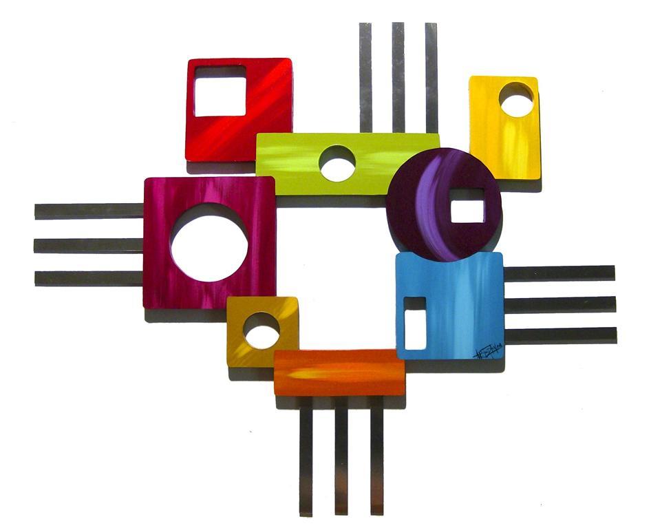 Colorful Abstract Geometric Modenaire II Wood Metal Wall Sculpture 34x29 -Art69