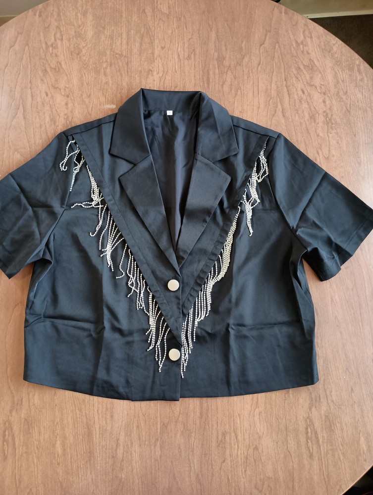 Women's Black Rhinestone Collared Polyester Top Size Medium