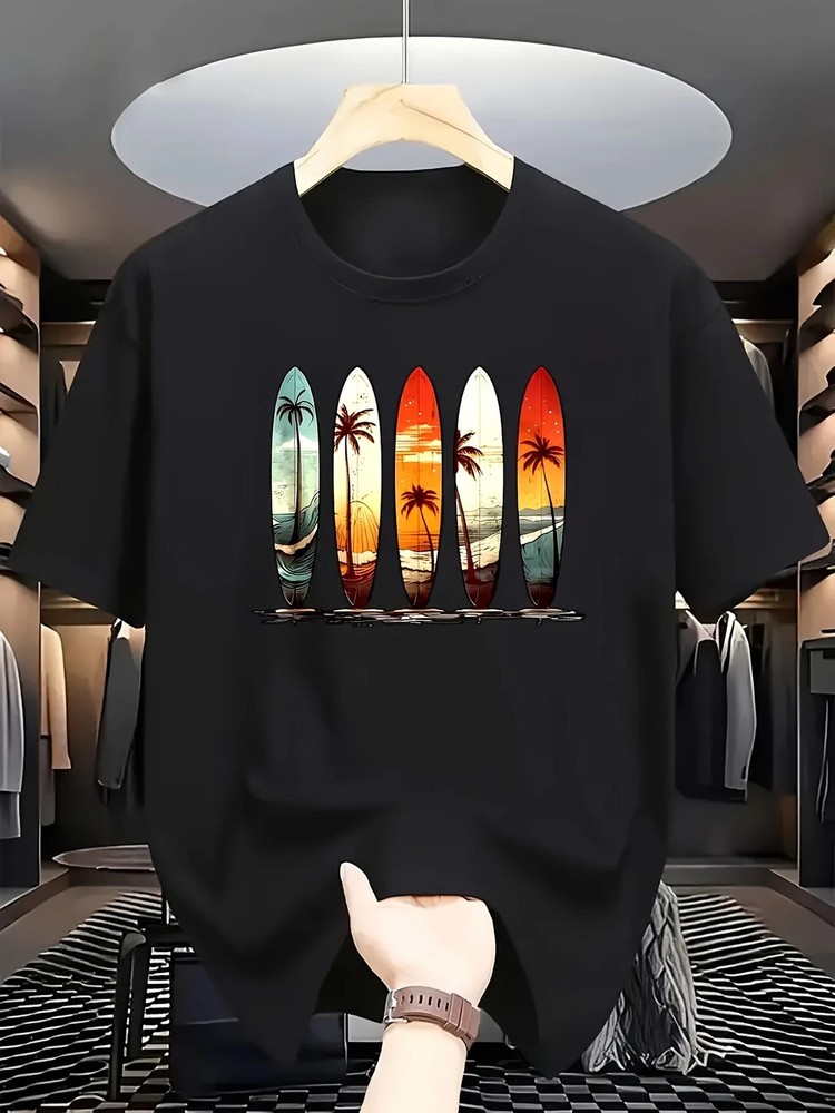 Casual Crew Neck T-Shirt in White with Vibrant Surfboard And Palm Tree Designs