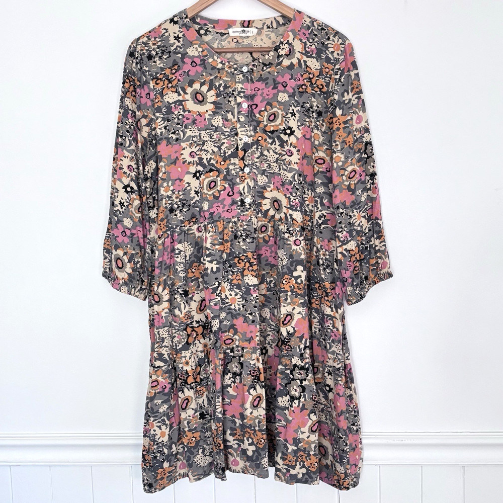 Natural Life Floral Tiered Long Sleeves Dress Size Large *flawed