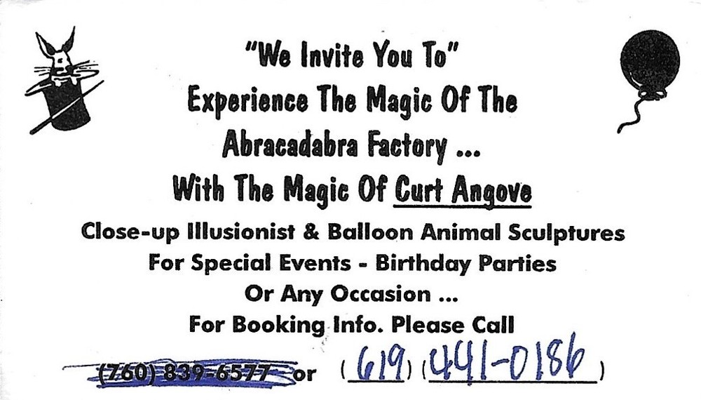 Curt Angove magician business card Abracadabra Factory San Diego; Illusionist-image