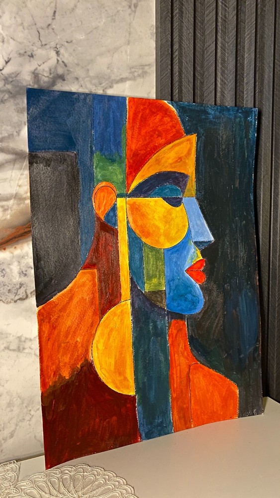 Abstract Cubism Art Painting on Paper Colorful Geometric Face Modern Wall Decor