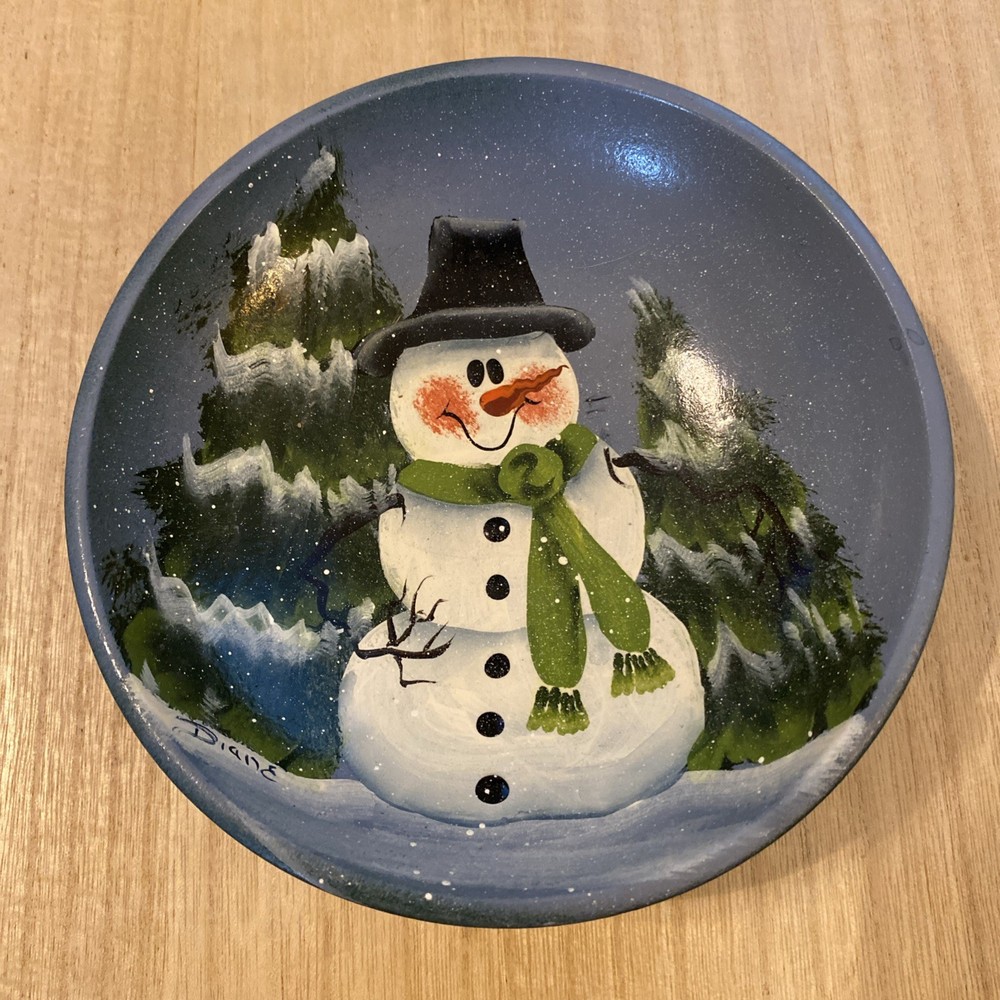 Vintage Wooden Bowl Hand Painted Christmas Holiday Snowman Winter Decor Signed
