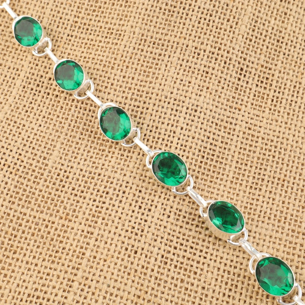 Green Emerald Stone Sterling Silver Ethnic Bezel Chain May Birth Trendy Bracelet