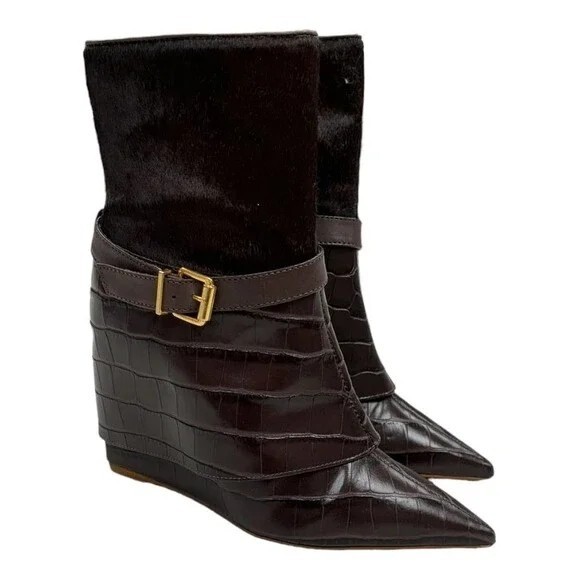 Schutz Jorian Croc Embossed Brown Leather Wedge Ankle Boot Size 6