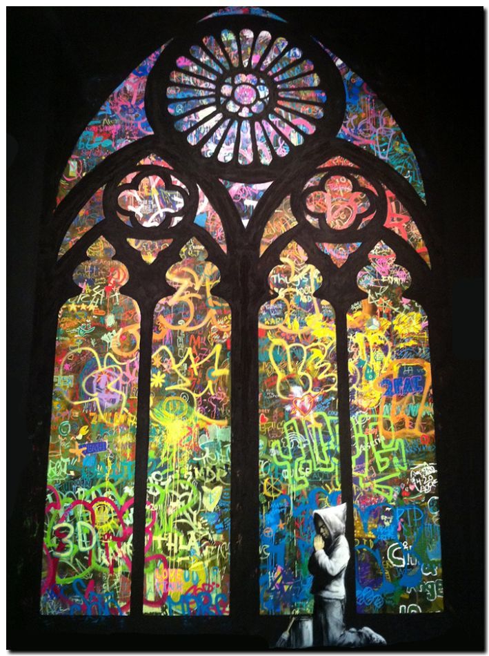 BANKSY STREET ART *FRAMED* CANVAS PRINT Hooded guy Pray Cathedral 18x12