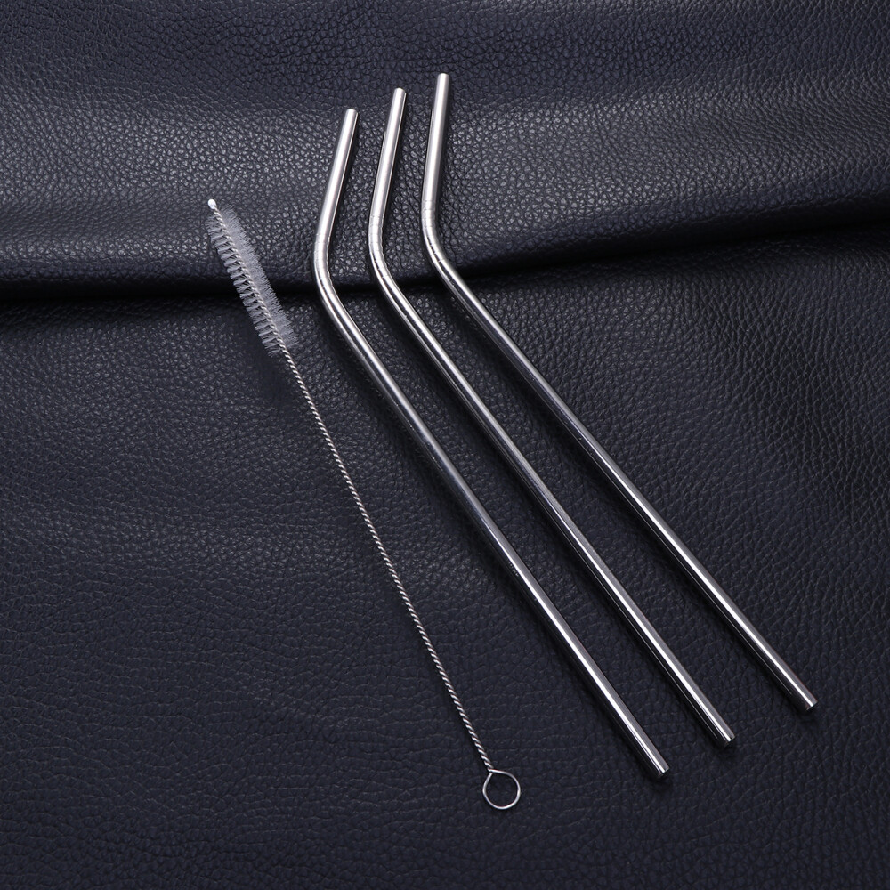 4pcs Reusable Stainless Steel Curved Drinking Straws with Cleaning Brush