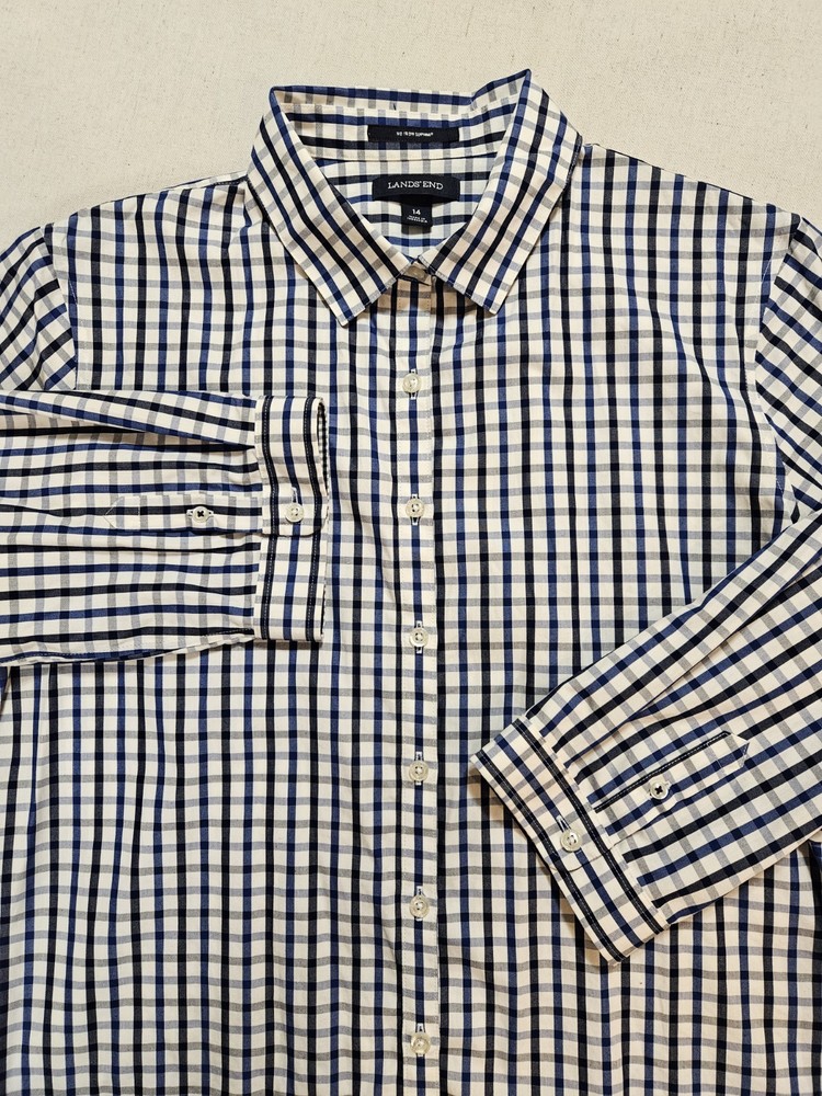 Lands' End Womens Sz 14 No Iron Supima Button Front Shirt 3/4 Sleeve Blue Plaid