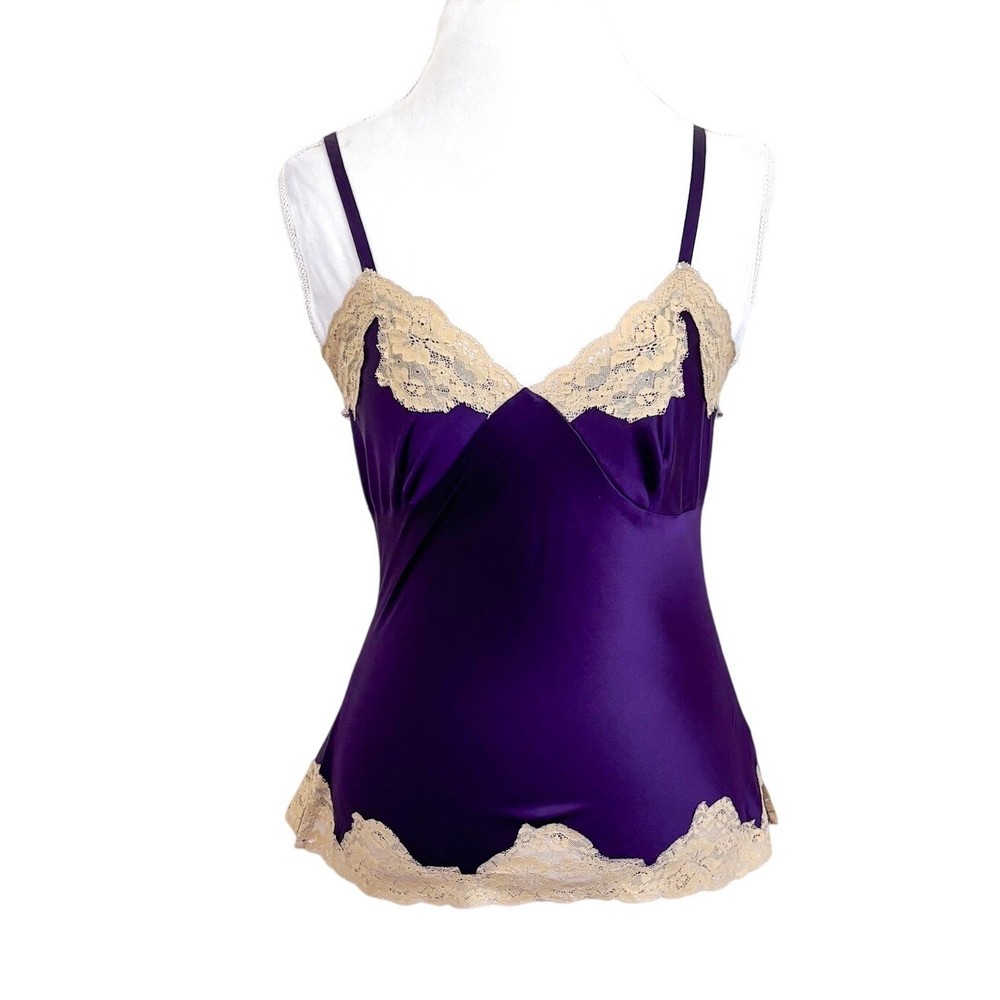 Express Womens Y2K Babydoll Silk Lace Cami Tank Size S Purple Vintage Bias Cut
