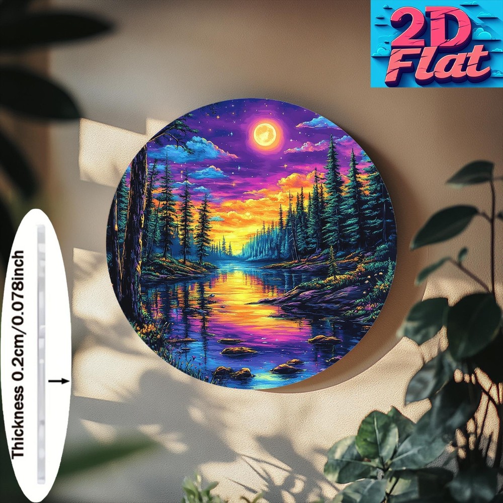 Forest Lake Night Sky Reflection Round Aluminum Wall Art