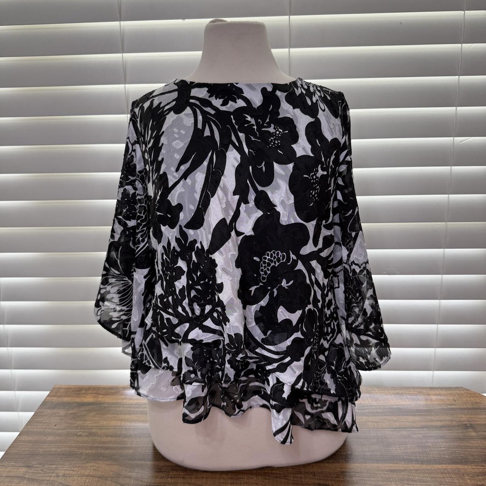 Alex Evenings Black and White Floral Blouse Size L