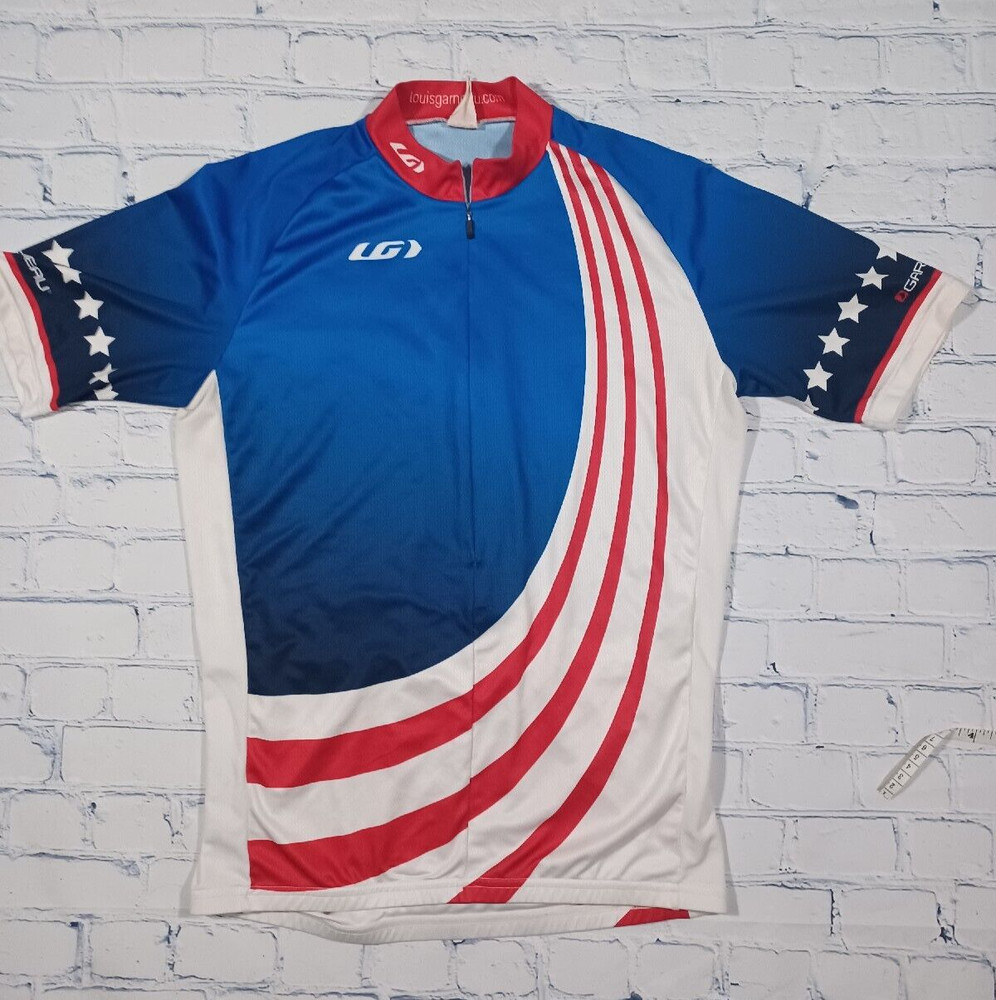 Louis Garneau Jersey Mens Sz M Red White Blue Cycling Full Zip Pockets