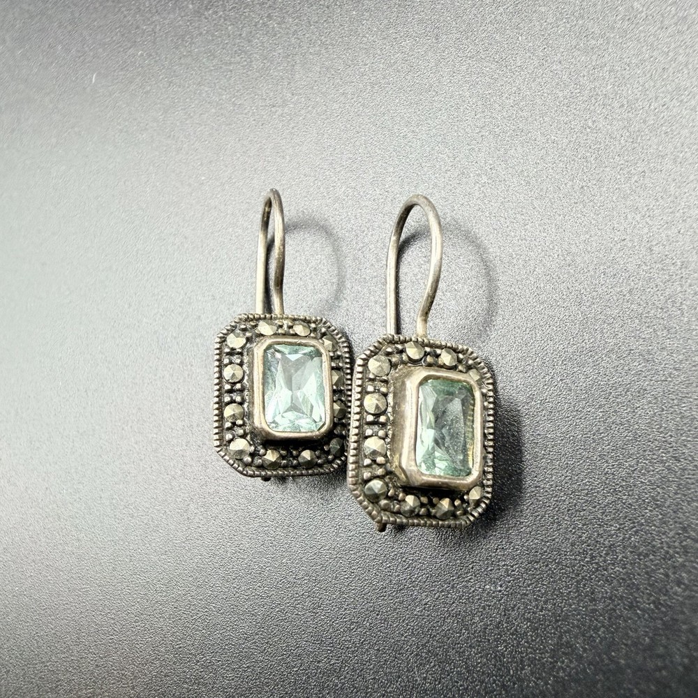 Sterling Silver 925 Blue Topaz Marcasite Dangle Drop Earrings Jewelry Ornate VTG