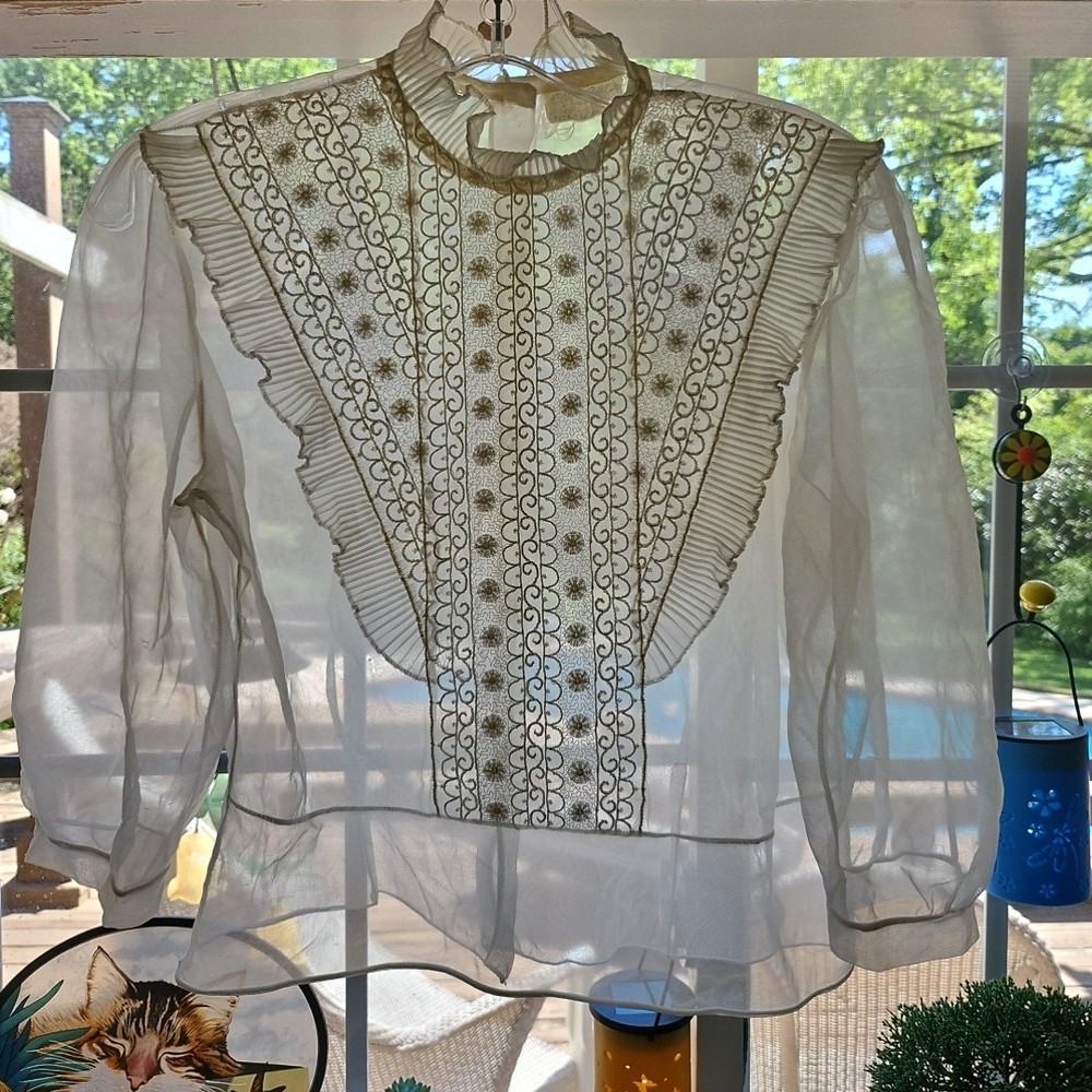 Vintage 20s Sheer Nylon White Crop Top Blouse Back Buttons Wearable - As Is