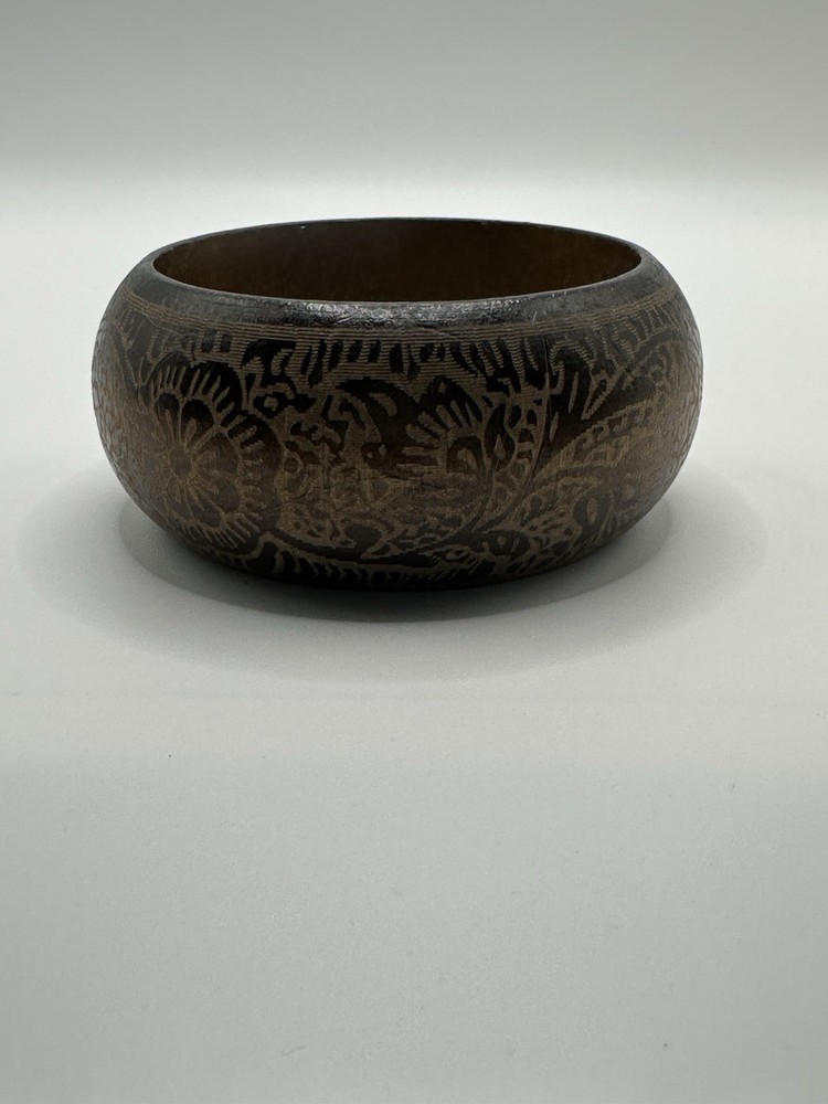 Brown Wooden Bangle Bracelet Wide Floral Boho Tribal Beach Etched Size 8.25”