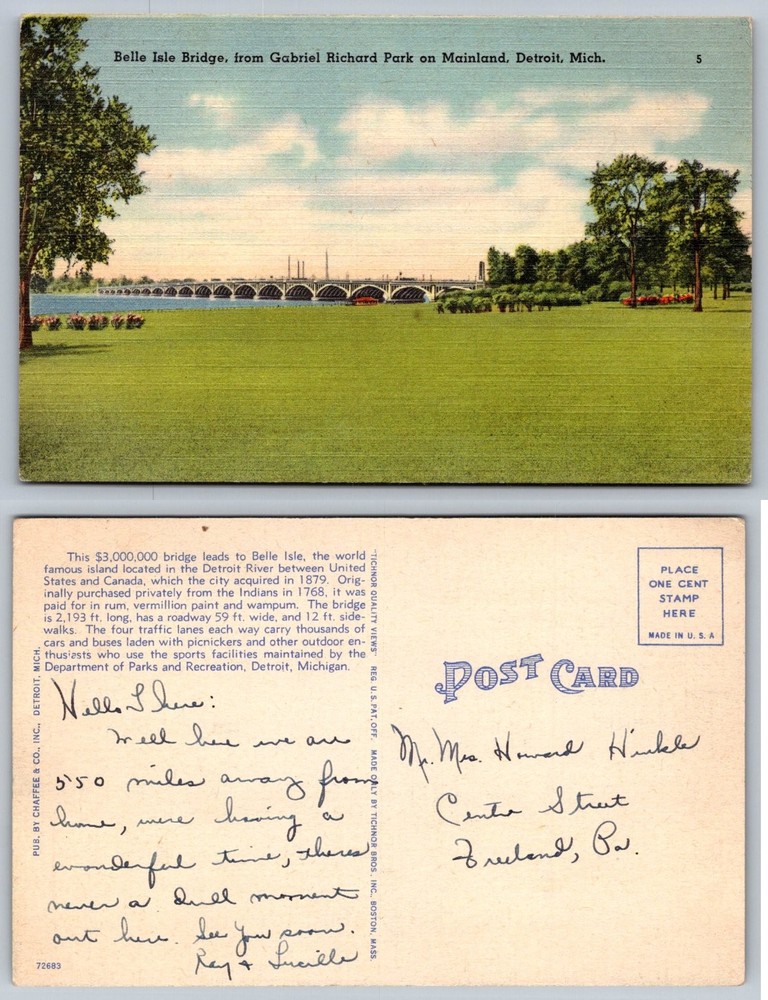 Belle Isle Bridge Detroit MI Linen Postcard Tichnor Quality Views 1930s-40s