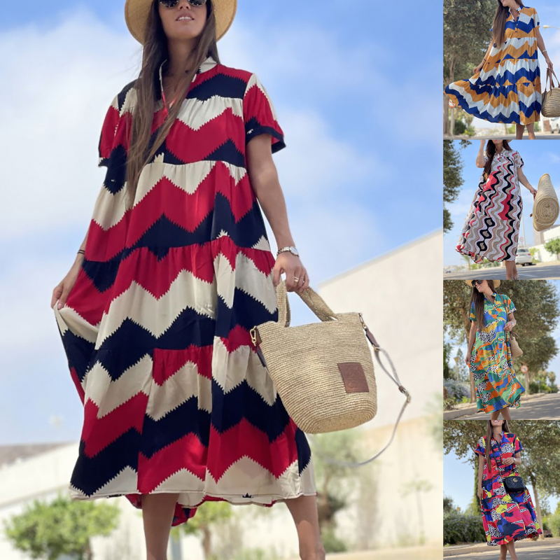 Women's Dress Shirt Collar Printed Large Swing Short Sleeved Dress Long Dress