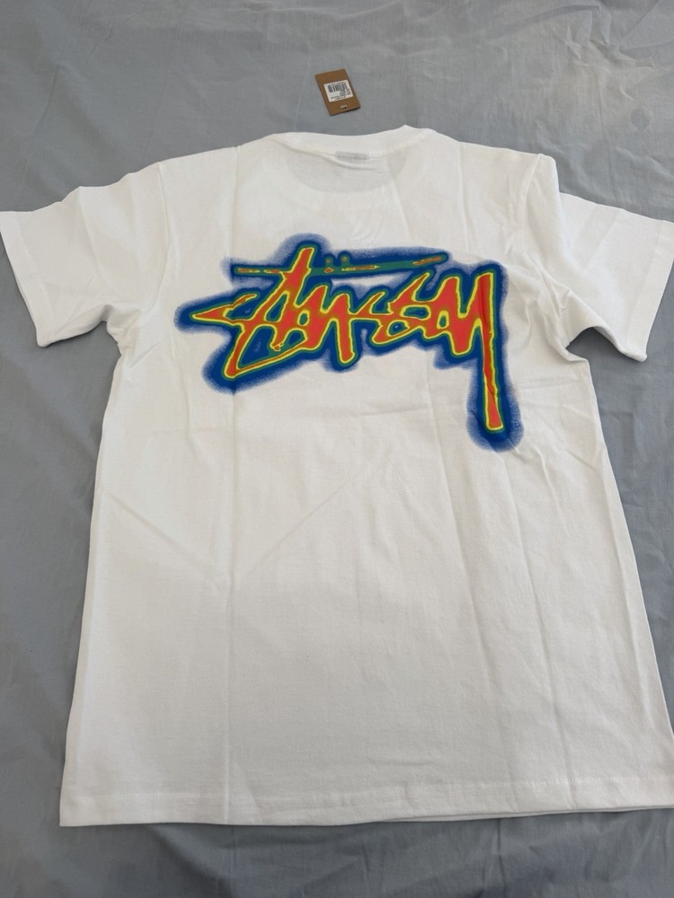 Stussy Men's White Cotton Logo Graphic Jersey T-Shirt, Short Sleeve, Crew Neck