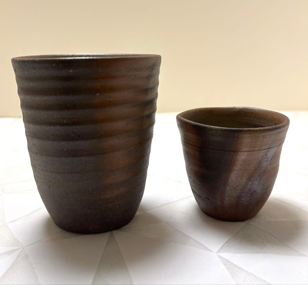 Bizen Ware Sake Cup Set 2 pcs Artist Made Rustic Brown Traditional