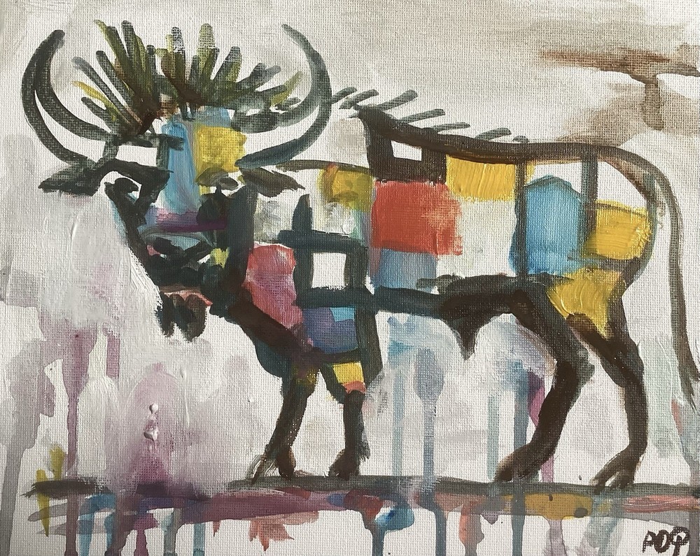 PDQ Artist Original Painting Animal Buffalo Cattle Abstract Acrylic 8x10 Canvas-image