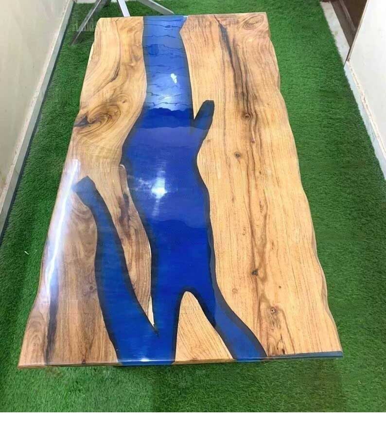 Blue Epoxy Resin Center Sofa Coffee Table Handmade Acacia Wooden Furniture Decor