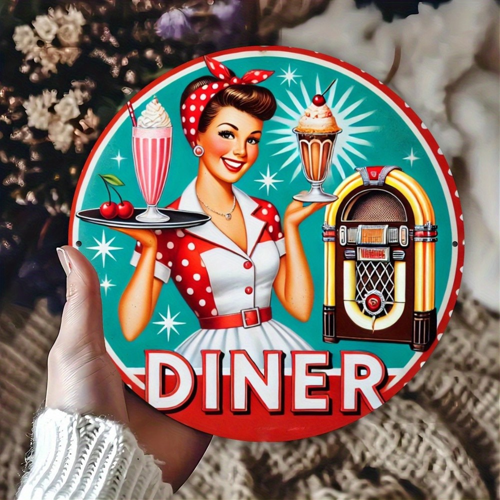 Retro Tin Metal Sign Vintage Inspired Diner Round Wall Art Decor 8x8