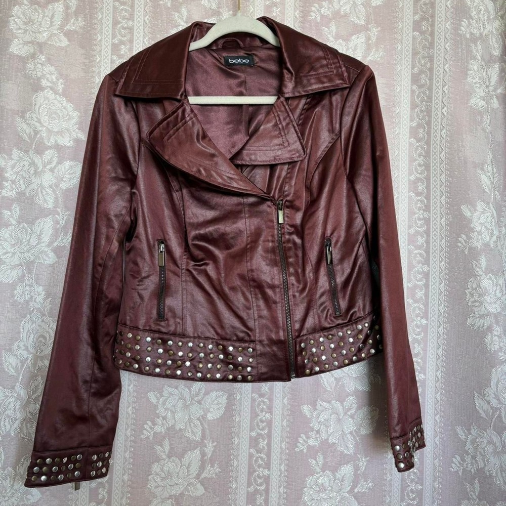 Bebe Womens Brown Faux Leather Bomber Jacket with Quilted Detailing  
