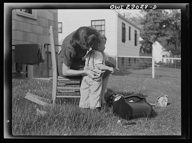 Photo:Silver Spring Maryland Mother Child 1943 Sewing Overalls Outdoors