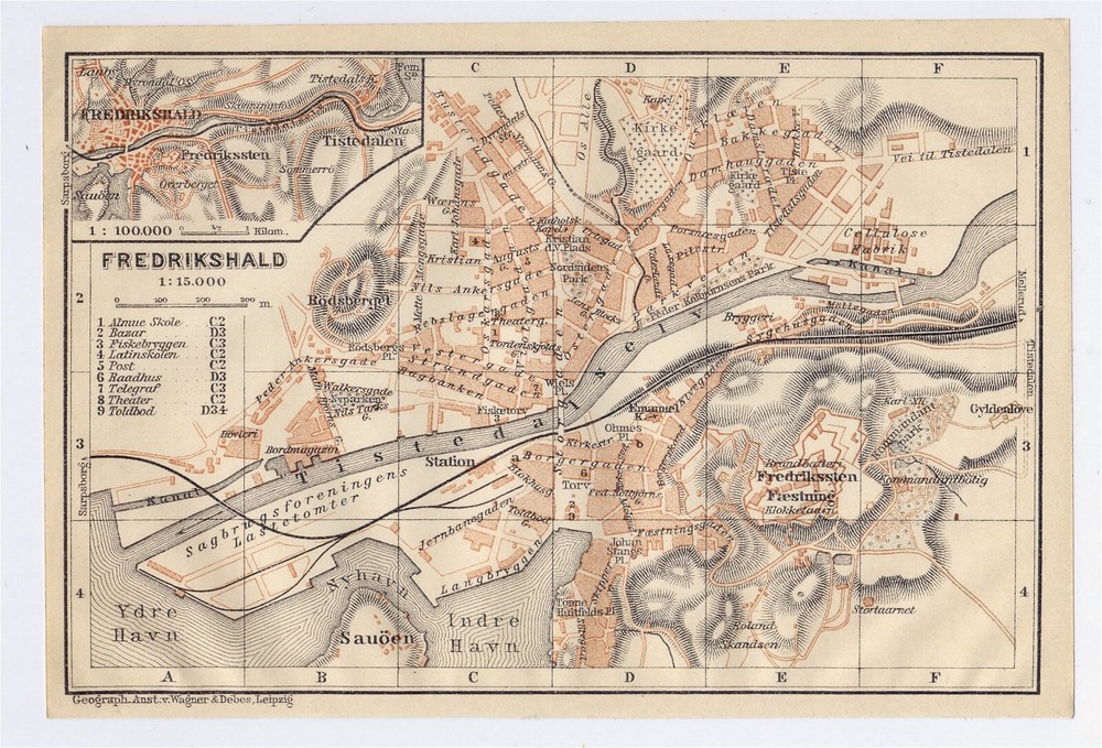 1912 Original Antique City Map Of Halden / Fredrikshald / Norway