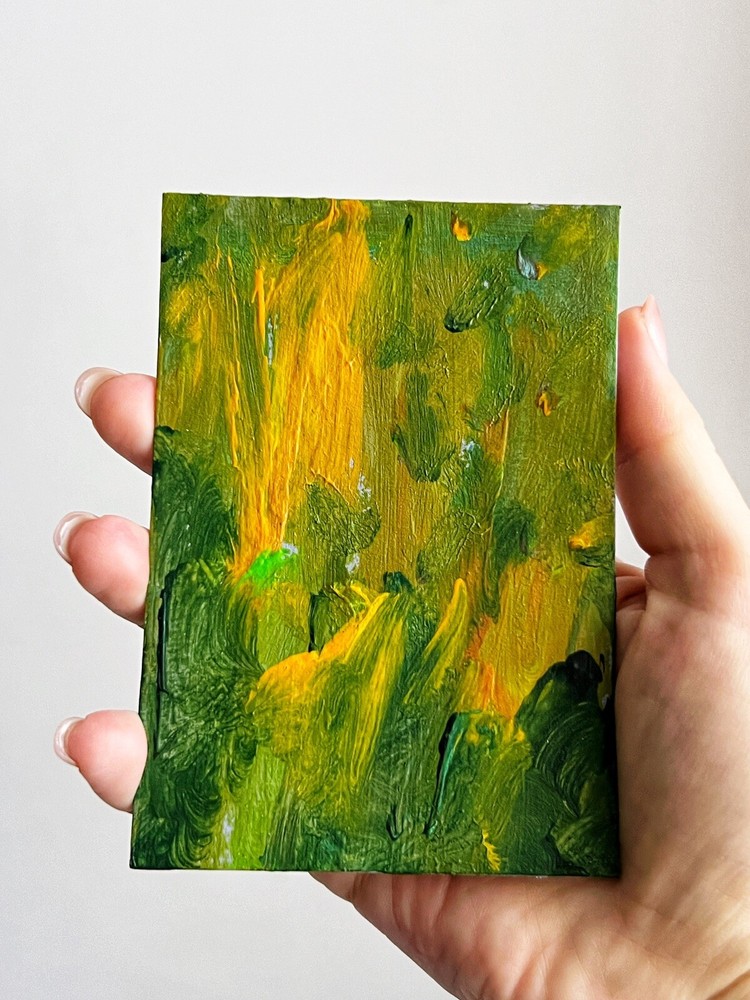 Small Abstract Art in Green Yellow Orange – Unique Outsider Shelf Decor